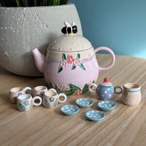 Vintage Miniature Tea Set Garden Pink Floral Bee Midwest Imports of Canon Falls